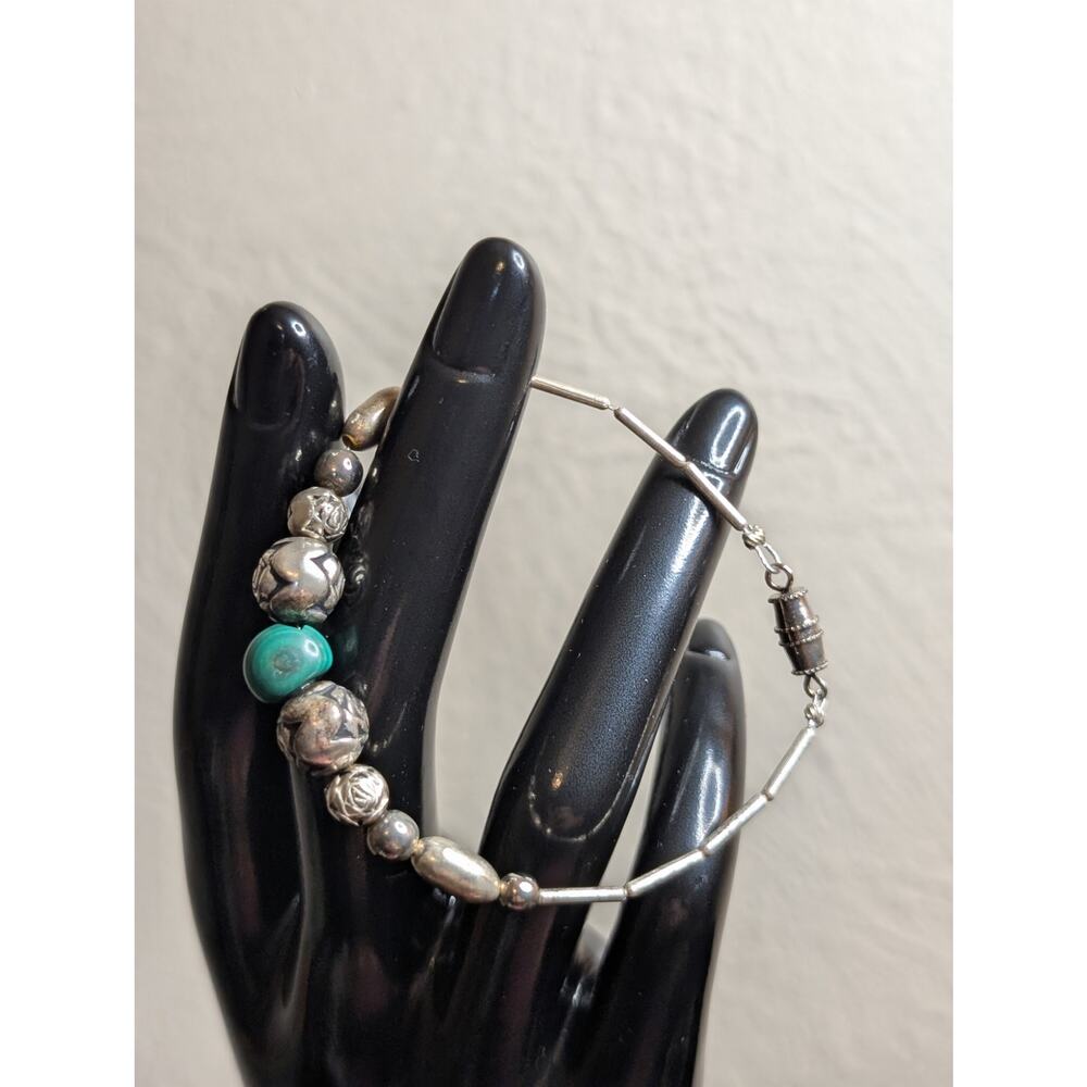 Vintage Liquid Silver Malachite Rose Bead Barrel Clasp Bracelet